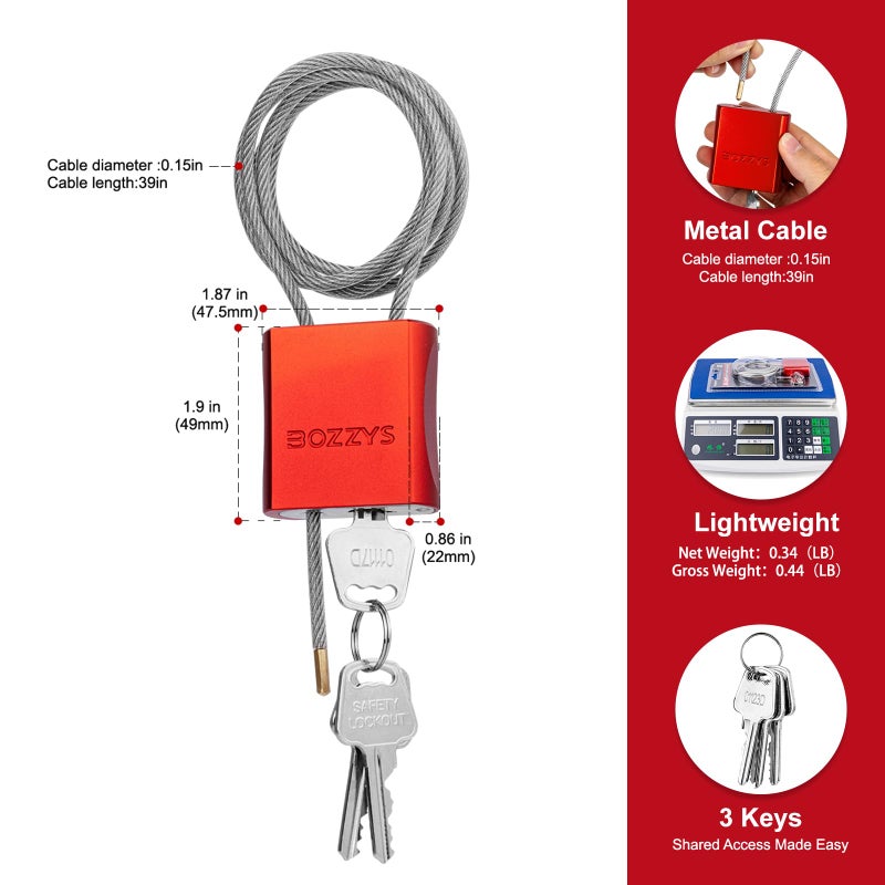 BOZZYS Cable Lock with 3 Keys | L 3.28ft(1m),D 1/6in(4mm) Adjustable Steel Cable Padlock | Aluminum Locks for Bikes, Gate, Lockers & Outdoor Gear | Weatherproof & Red - Image 2