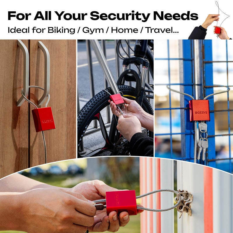 BOZZYS Cable Lock with 3 Keys | L 3.28ft(1m),D 1/6in(4mm) Adjustable Steel Cable Padlock | Aluminum Locks for Bikes, Gate, Lockers & Outdoor Gear | Weatherproof & Red - Image 4