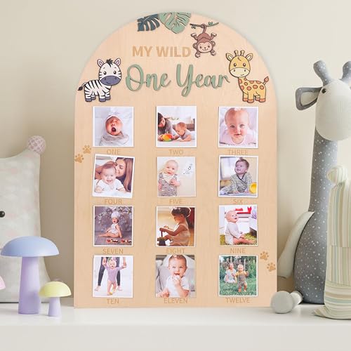 LINGANA My Wild One Year Photo Board - Jungle Safari 1st Birthday Decorations,Animals 1 to 12 Months Photo Wooden Board,Woodland Monthly Photos Display Sign,Wildlife First Year Milestone Photos - Image 2