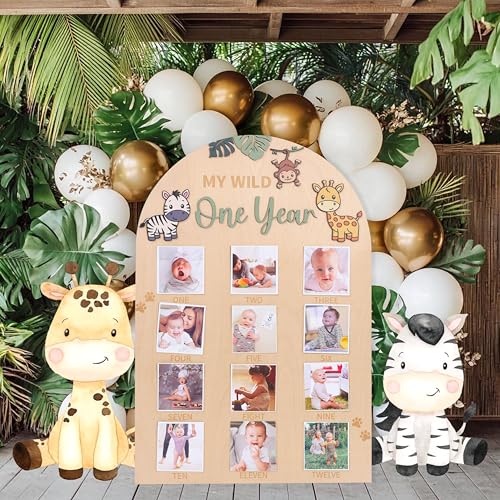 LINGANA My Wild One Year Photo Board - Jungle Safari 1st Birthday Decorations,Animals 1 to 12 Months Photo Wooden Board,Woodland Monthly Photos Display Sign,Wildlife First Year Milestone Photos - Image 4