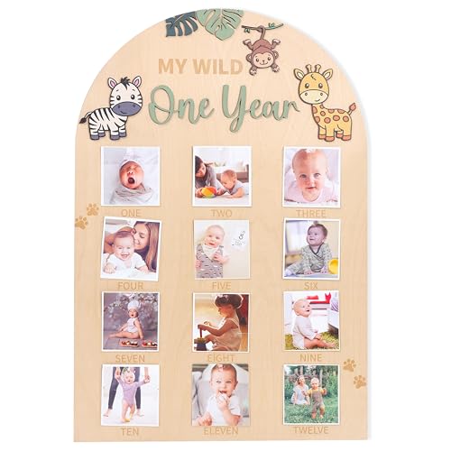 LINGANA My Wild One Year Photo Board - Jungle Safari 1st Birthday Decorations,Animals 1 to 12 Months Photo Wooden Board,Woodland Monthly Photos Display Sign,Wildlife First Year Milestone Photos - Image 1