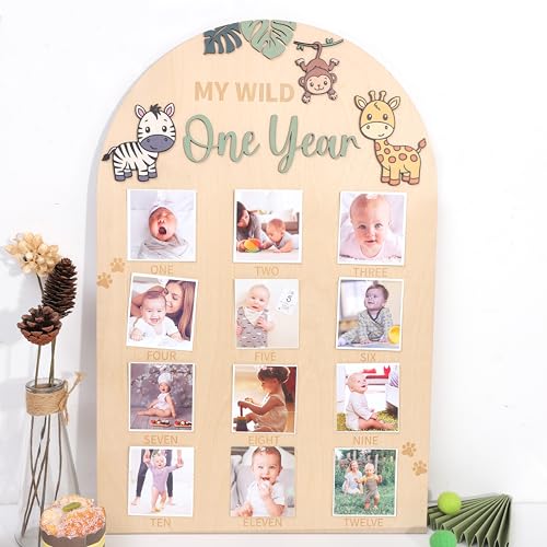 LINGANA My Wild One Year Photo Board - Jungle Safari 1st Birthday Decorations,Animals 1 to 12 Months Photo Wooden Board,Woodland Monthly Photos Display Sign,Wildlife First Year Milestone Photos - Image 5