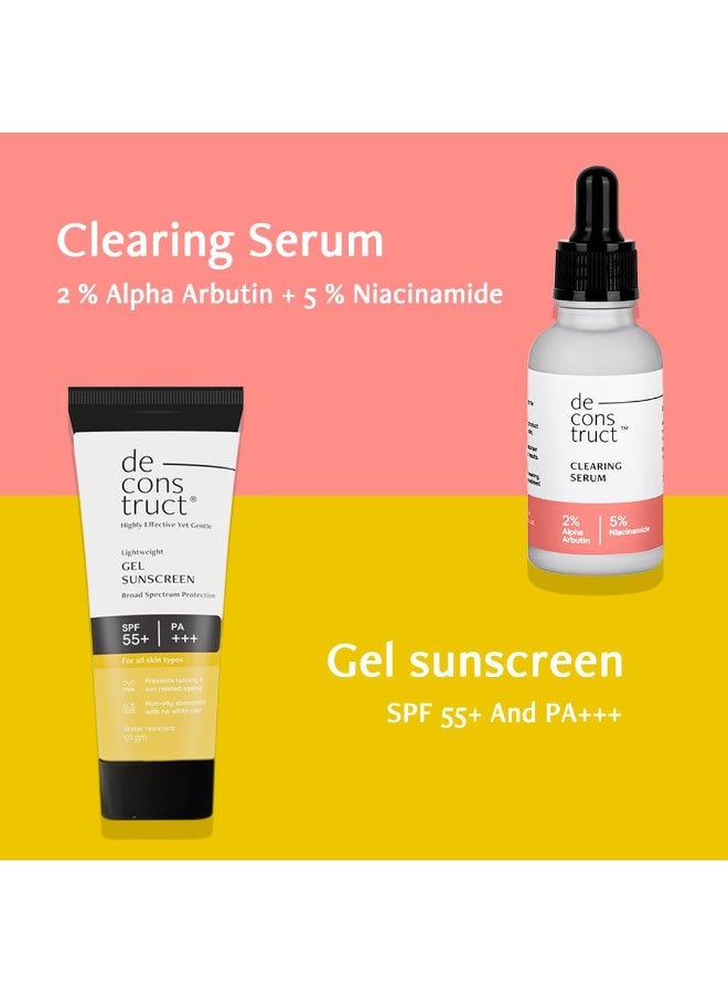 Deconstruct Skin Clear & Protect Duo: Clearing Face Serum & SPF 50+ Gel Sunscreen | Skin Clearing Serum and Gel Sunscreen with No White Cast & Lightweight |Niacinamide Serum For Oily Skin| Pack of 2 - Image 2