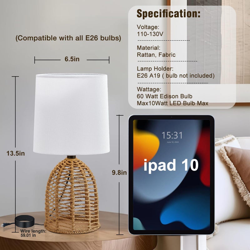 EJIAXIN Rattan Lamp Boho Lamps Set of 2-13.75" Mini Farmhouse Table Lamp Rustic End Table Decorative Small Lamps for Small Spaces Bedroom Nightstand Living Room Reading Desk Side Table Lamp - Image 2