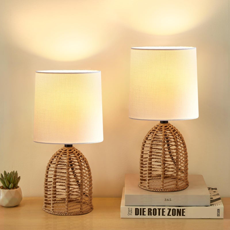 EJIAXIN Rattan Lamp Boho Lamps Set of 2-13.75" Mini Farmhouse Table Lamp Rustic End Table Decorative Small Lamps for Small Spaces Bedroom Nightstand Living Room Reading Desk Side Table Lamp - Image 1