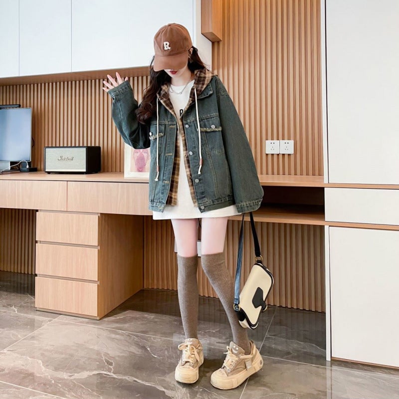 Loose Fake Two-Piece Hooded Denim Jacket For Women Fashion Style Versatile Design Top - Image 5