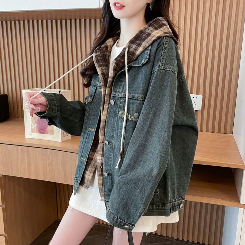 Loose Fake Two-Piece Hooded Denim Jacket For Women Fashion Style Versatile Design Top - Image 4