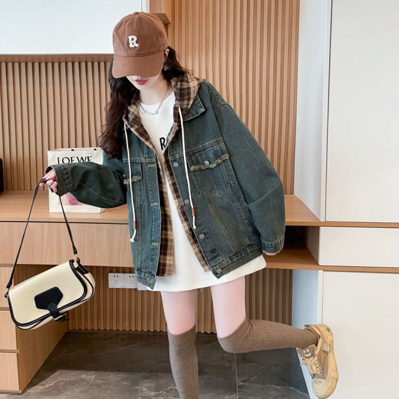Loose Fake Two-Piece Hooded Denim Jacket For Women Fashion Style Versatile Design Top - Image 2