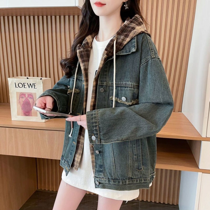 Loose Fake Two-Piece Hooded Denim Jacket For Women Fashion Style Versatile Design Top - Image 3
