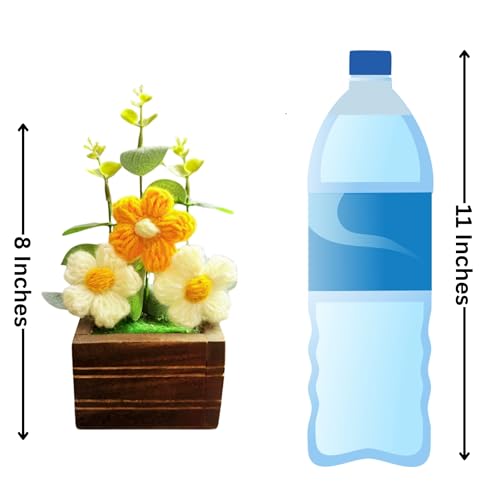 Akaar Decor's Handcrafted Crochet Flower Pot | Artificial Flowers for Home | Birthday | Anniversary | Housewarming Gifts | 100% Handmade Yarn Flower Décor (8 Inch, Wooden Base) (Cream-Yellow) - Image 3