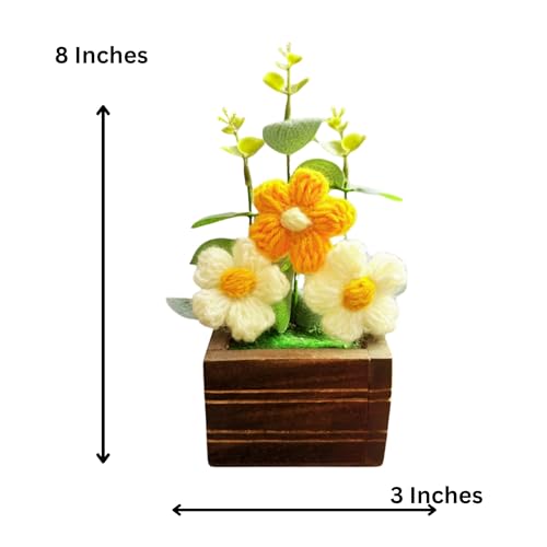 Akaar Decor's Handcrafted Crochet Flower Pot | Artificial Flowers for Home | Birthday | Anniversary | Housewarming Gifts | 100% Handmade Yarn Flower Décor (8 Inch, Wooden Base) (Cream-Yellow) - Image 2