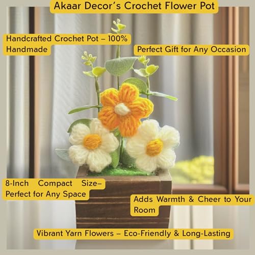 Akaar Decor's Handcrafted Crochet Flower Pot | Artificial Flowers for Home | Birthday | Anniversary | Housewarming Gifts | 100% Handmade Yarn Flower Décor (8 Inch, Wooden Base) (Cream-Yellow) - Image 4