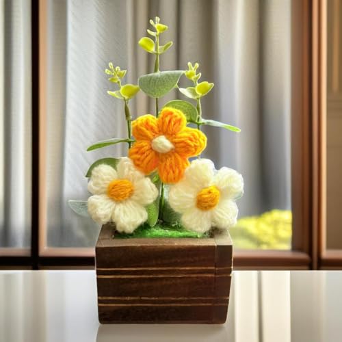 Akaar Decor's Handcrafted Crochet Flower Pot | Artificial Flowers for Home | Birthday | Anniversary | Housewarming Gifts | 100% Handmade Yarn Flower Décor (8 Inch, Wooden Base) (Cream-Yellow) - Image 5
