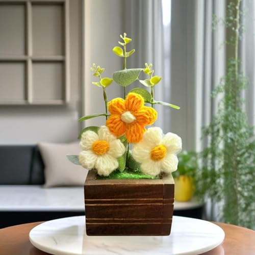 Akaar Decor's Handcrafted Crochet Flower Pot | Artificial Flowers for Home | Birthday | Anniversary | Housewarming Gifts | 100% Handmade Yarn Flower Décor (8 Inch, Wooden Base) (Cream-Yellow) - Image 1