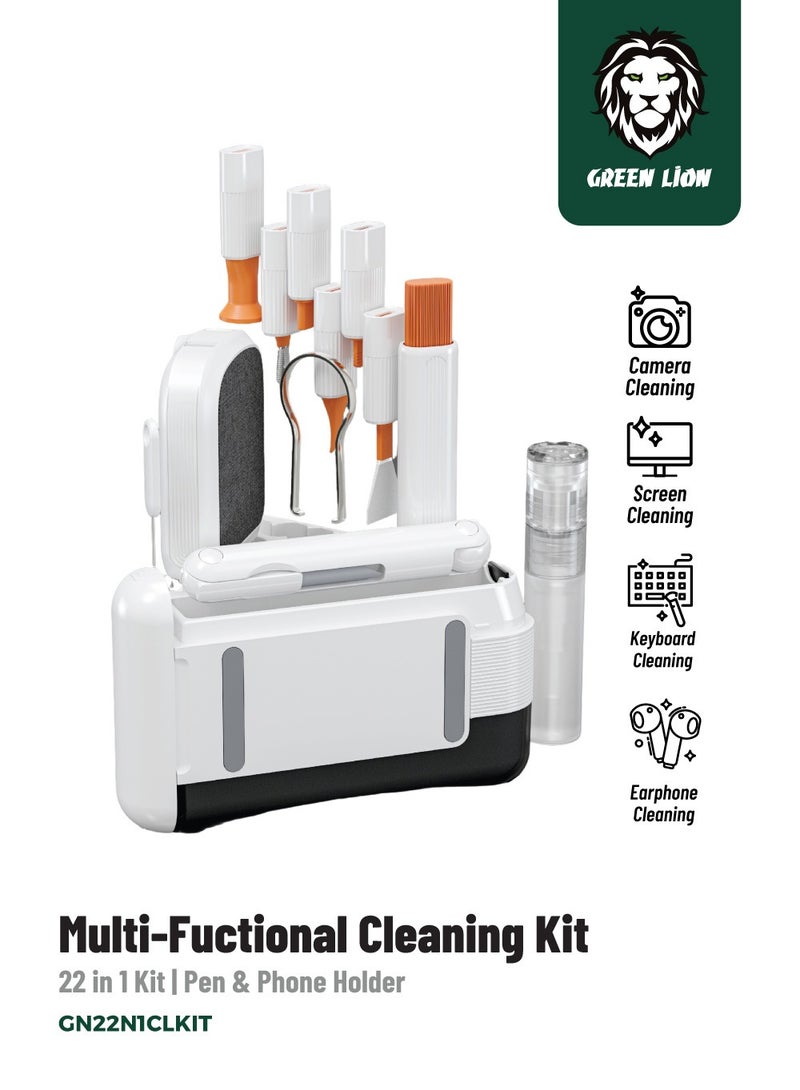 GREEN LION Multi-Functional Cleaning Kit 22 IN 1 / ABS Material / Mobile Phone and Pen Holder / Camera Cleaning / Keyboard Cleaning / Screen Cleaning / Earphone Cleaning - White - Image 1
