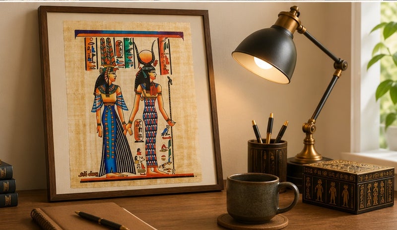 هاندرد بلس ورق بردي مصري طبيعي أصلي مقاس A4 مصنوع يدويًا في مصر من نبات البردي الحقيقي بتصميم الإلهتين إيزيس وحتحور الملكيتين مطبوع للديكور والهدايا التذكارية - Image 3