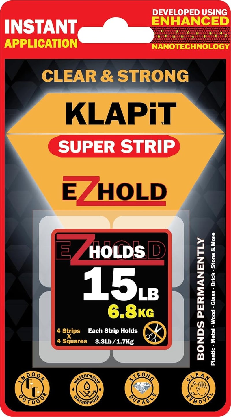 KLAPiT SUPER STRIP EZHold - Pre-Cut Strong Mounting Tape Squares (1”x1”) - Heavy-Duty, double sided, Waterproof, Clear Nano Tape for Hanging Pictures, Frames, Fixing Carpet, Rugs, Furniture (16 pc) - Image 1