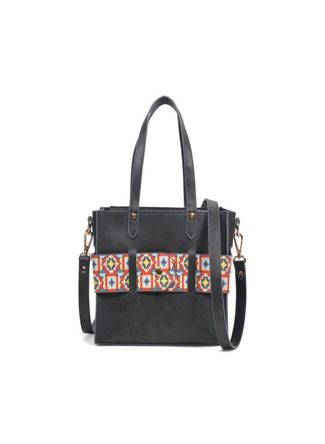 JAV GEOMETRIC BLACK COLOR LEATHERETTE TOTE BAG - Image 2