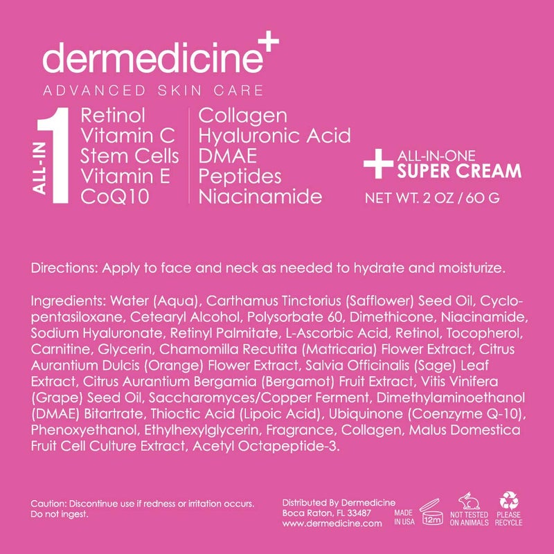 Dermedicine كريم مضاد للشيخوخة شامل للوجه مع الريتينول، فيتامين C، خلايا جذعية، فيتامين E، CoQ10، كولاجين، حمض الهيالورونيك، DMAE، ببتيدات، نياسيناميد لبشرة تبدو أكثر شبابًا 2 أونصة - Image 5