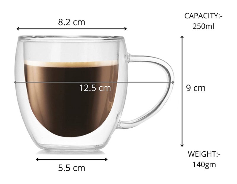 ZROY ENTERPRISE Double Wall Insulated Glass Coffee Mugs with Handle 250 Ml Set of 6, Everyday Drinking Tea Cups Perfect for Latte, Espresso, Cappuccinos, Tea Bag, Hot & Cold Beverage (250 ML Cups, 6) - Image 2