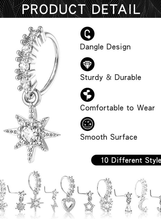 JELIEE 10 PCS Dangle Nose Rings Hoop 20g Silver L Shaped Rings Studs for Women Dangling Nose Piercing Jewelry Set Cute Piercings Ring Indian Piercing Jewelry Heart Star Butterfly Moon Shape Ring - Image 2