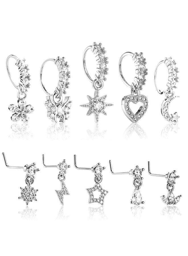 JELIEE 10 PCS Dangle Nose Rings Hoop 20g Silver L Shaped Rings Studs for Women Dangling Nose Piercing Jewelry Set Cute Piercings Ring Indian Piercing Jewelry Heart Star Butterfly Moon Shape Ring - Image 1
