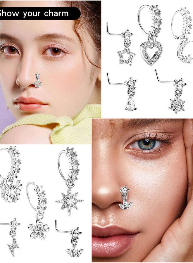 JELIEE 10 PCS Dangle Nose Rings Hoop 20g Silver L Shaped Rings Studs for Women Dangling Nose Piercing Jewelry Set Cute Piercings Ring Indian Piercing Jewelry Heart Star Butterfly Moon Shape Ring - Image 5