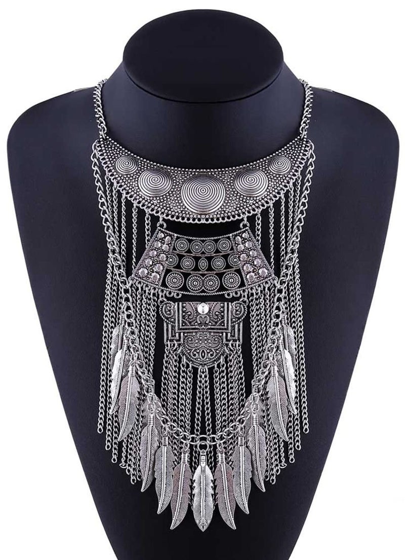 CCBFY Long Tassel Chunky Boho Coin Statement Necklace For Women Silver (Style 3#) - Image 1