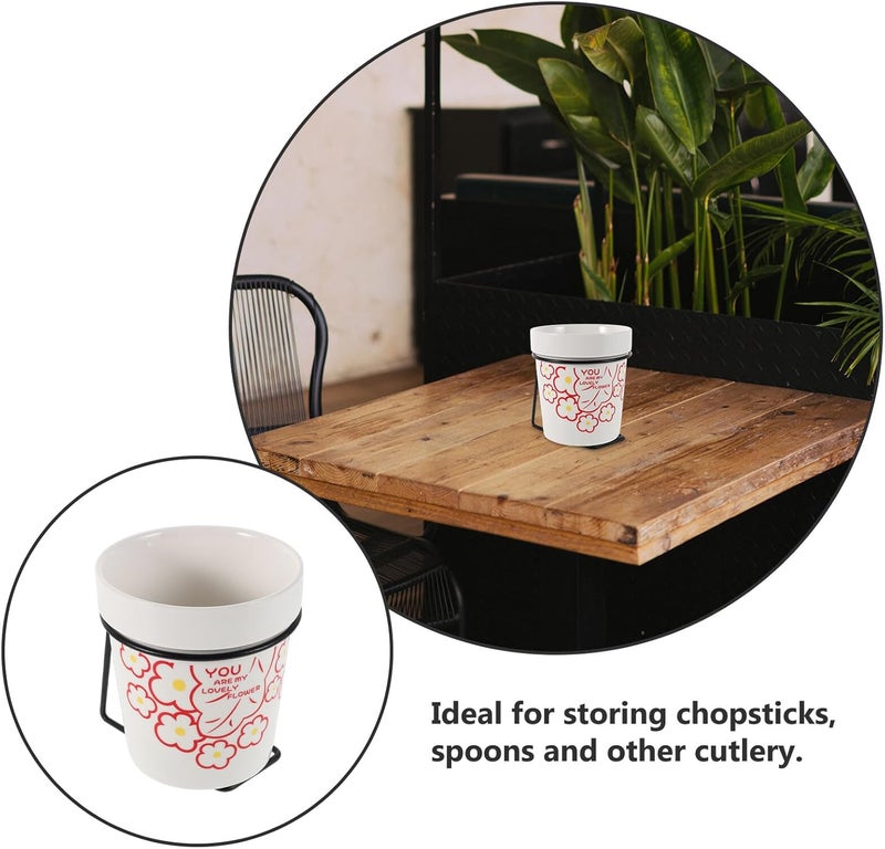 SMASOLO Nordic Ceramic Chopsticks Holder with Iron Rack, Reusable Chopstick Bucket and Spoon Storage Organizer, Kitchen Cutlery Holder with Drainage for Home Use - Image 3