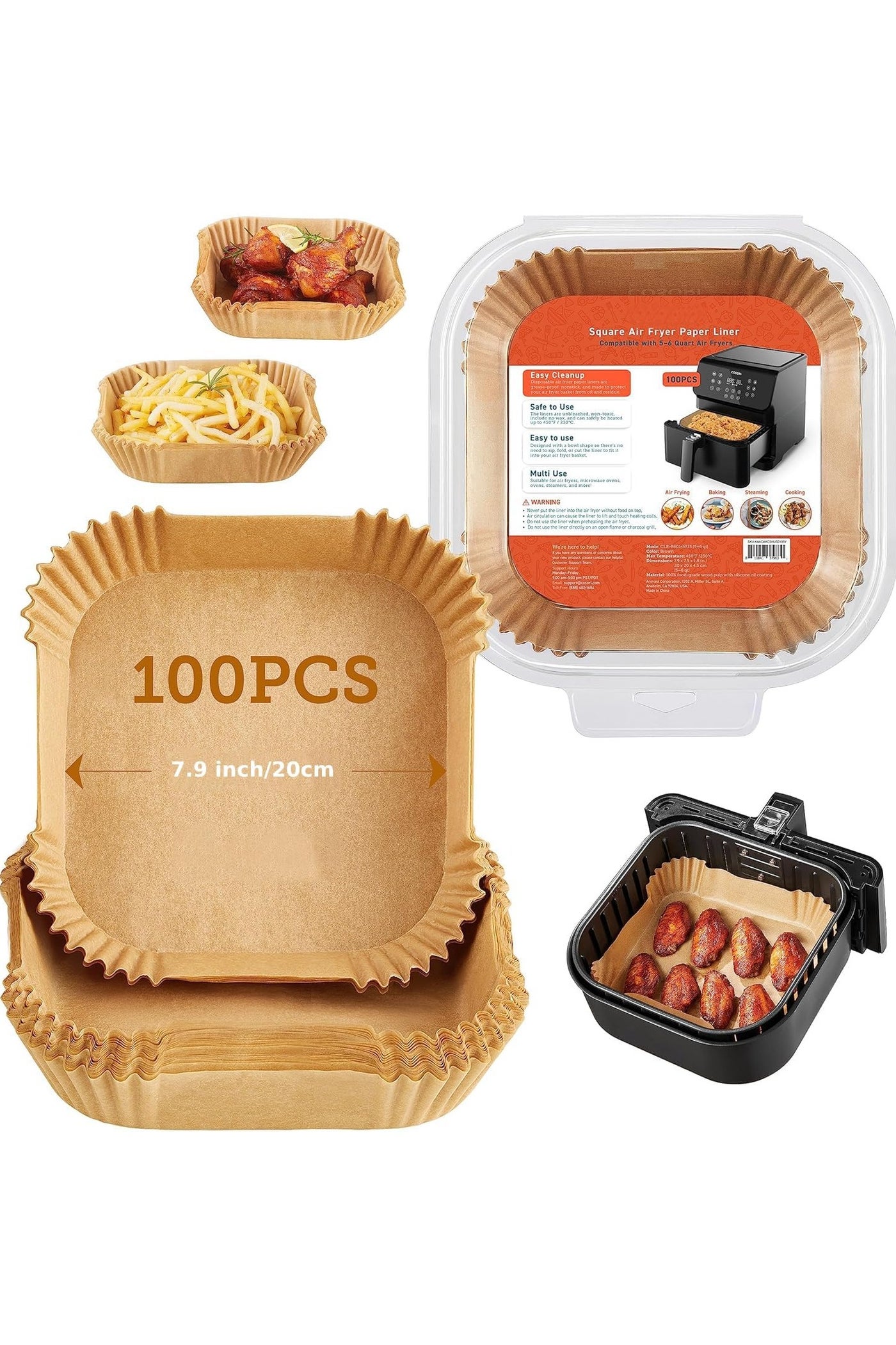 MOMENT 100pcs Air Fryer Disposable Paper Liner, Air Fryer Liners Square, Baking Paper for Air Fryer Water-proof, Parchment Paper for Baking Roasting Microwave,7.9 inch/20cm