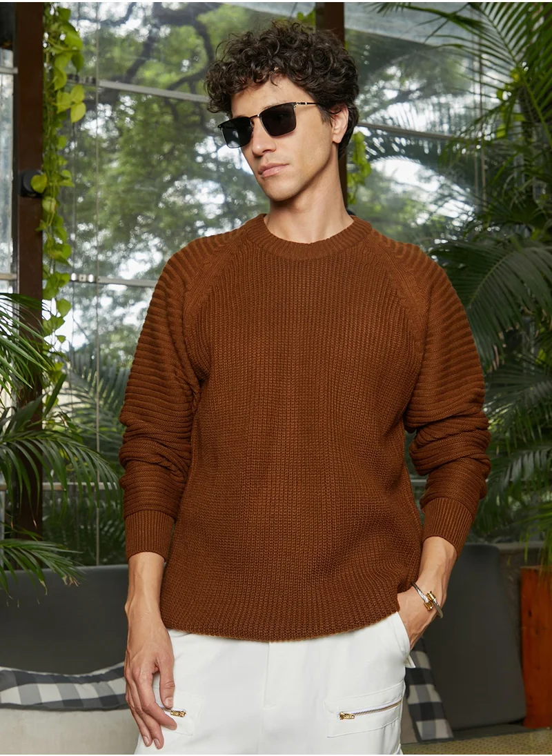 كامبوس سوترا Men's Chocolate Brown Self-Raglan Knit Pullover Sweater