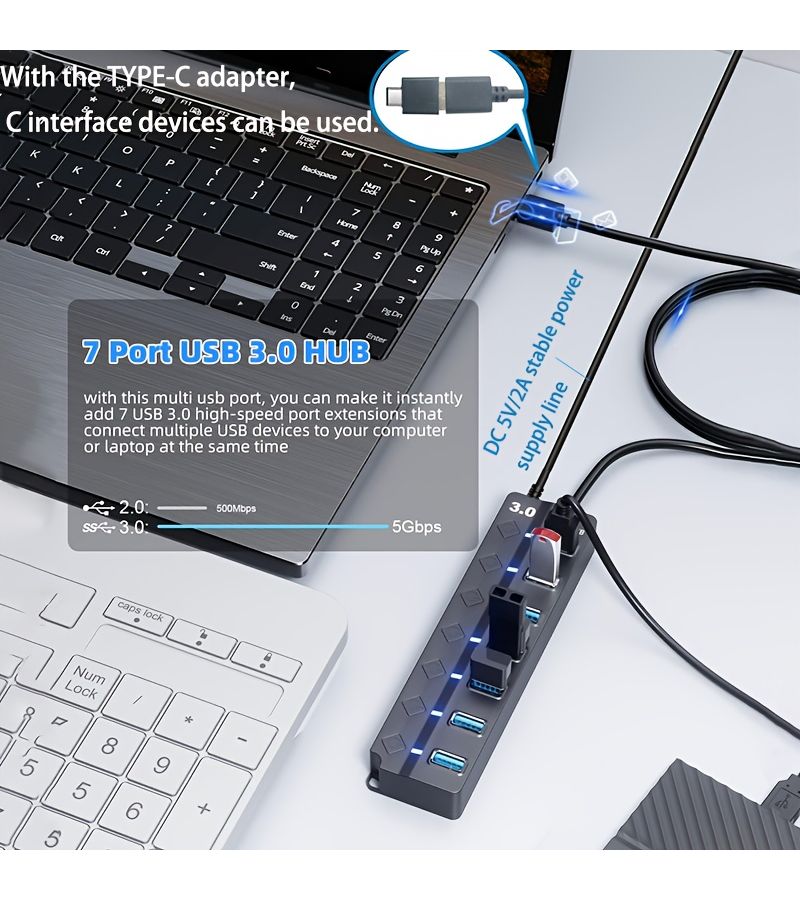 47.24 إنش موسع USB 3.0 مع 7 منافذ محول للهواتف الذكية والأجهزة اللوحية - Image 4