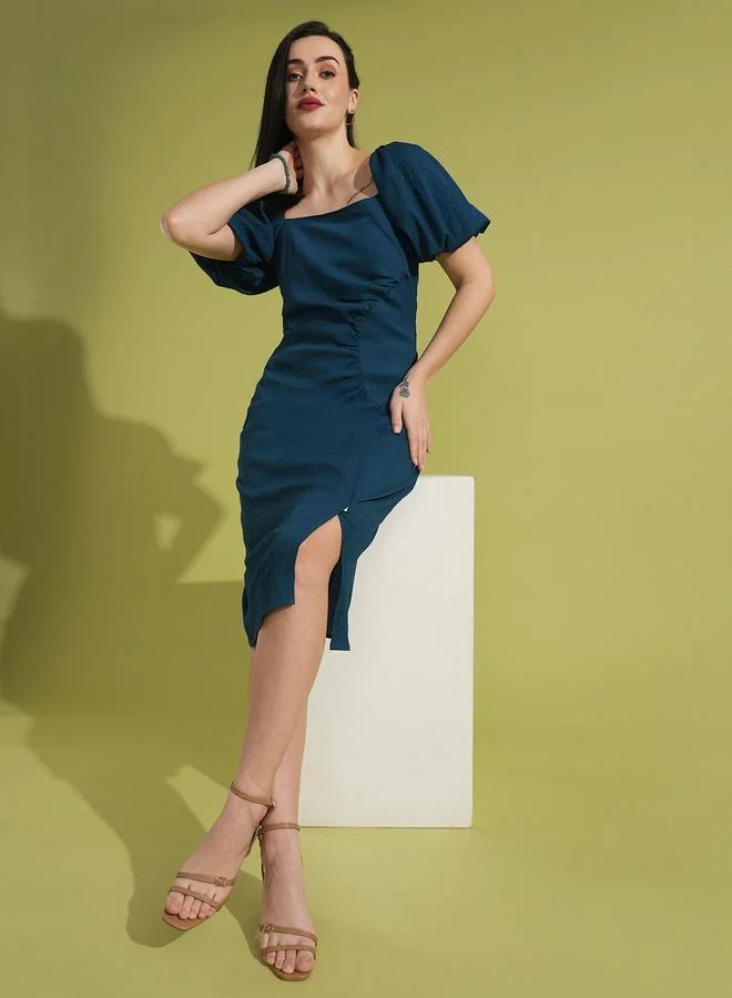 globus Globus Women Textured Square Neck Ruched Sheath Midi Dress