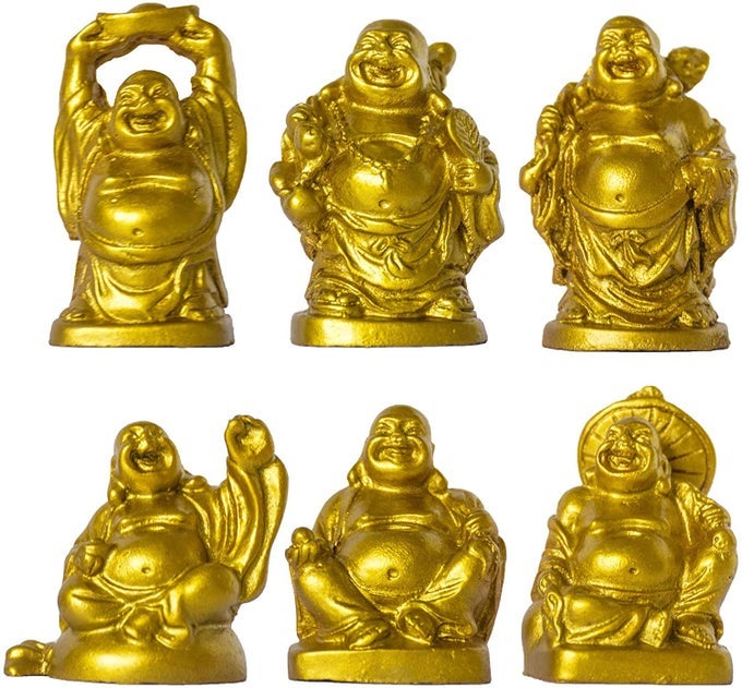 Set of 6 Laughing Happy Buddha Statue Resin Figurines Feng Shui for Luck Wealth Good Gift and Collection 2 Gold