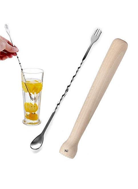NJ NJ Cocktail Bar Sheesham Wooden Muddler and Mixing Spoon Home Bar Tool Set, Bar Spoon Fork, Create Delicious Mojitos and Other Fruit Based Drinks: 2 Pcs Set  - Image 1