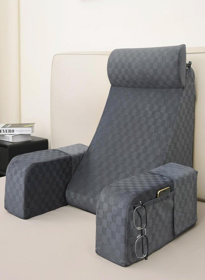 Vekkia Reading Pillow for Sitting in Bed Adult,Back Pillow for Sitting Up,Backrest Support Pillow with Arm Rest,Bed Chair Pillow with Big Pockets for Gaming,Watching TV in Floor,19in(Grace Grey) - Image 1