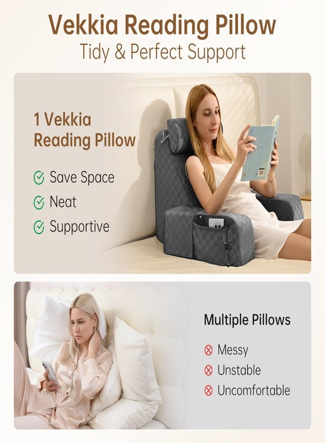Vekkia Reading Pillow for Sitting in Bed Adult,Back Pillow for Sitting Up,Backrest Support Pillow with Arm Rest,Bed Chair Pillow with Big Pockets for Gaming,Watching TV in Floor,19in(Grace Grey) - Image 3