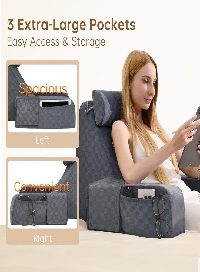 Vekkia Reading Pillow for Sitting in Bed Adult,Back Pillow for Sitting Up,Backrest Support Pillow with Arm Rest,Bed Chair Pillow with Big Pockets for Gaming,Watching TV in Floor,19in(Grace Grey) - Image 4