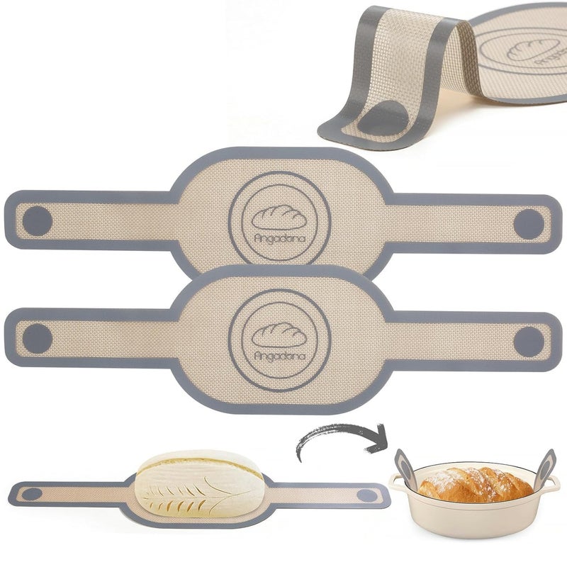 ZAKUDI Silicone Bread Sling Dutch Oven Liner NonStick Easy Clean Reusable Oval Silicone Bread Baking Mat with Long Handles Easy to Transfer Sourdough Bread 2 Gray Set - Image 1