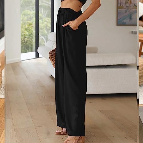 Duyang Womens Cotton Linen Palazzo Pants Drawstring Elastic Waist Casual Wide Leg Trousers with Pockets(Black,L) - Image 3