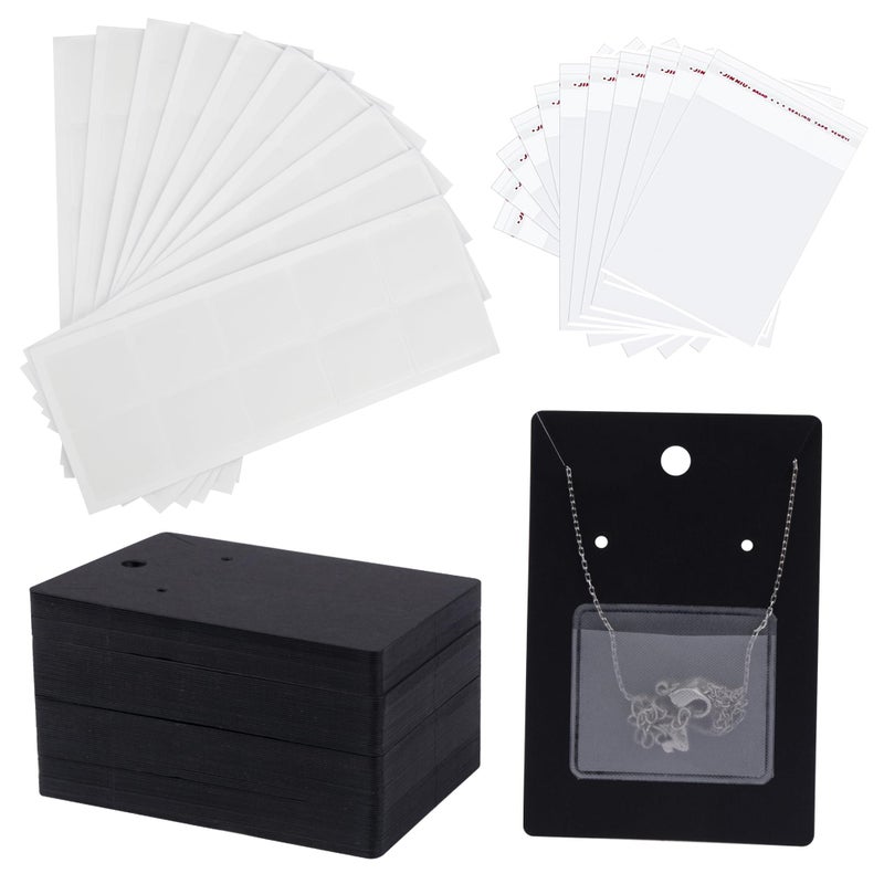 Temlum 100 Pcs Jewelry Display Cards with 100 Pcs Adhesive Pouches and Clear Bags Necklace Earring Card Holders for Selling Jewelry Packaging Supplies Black