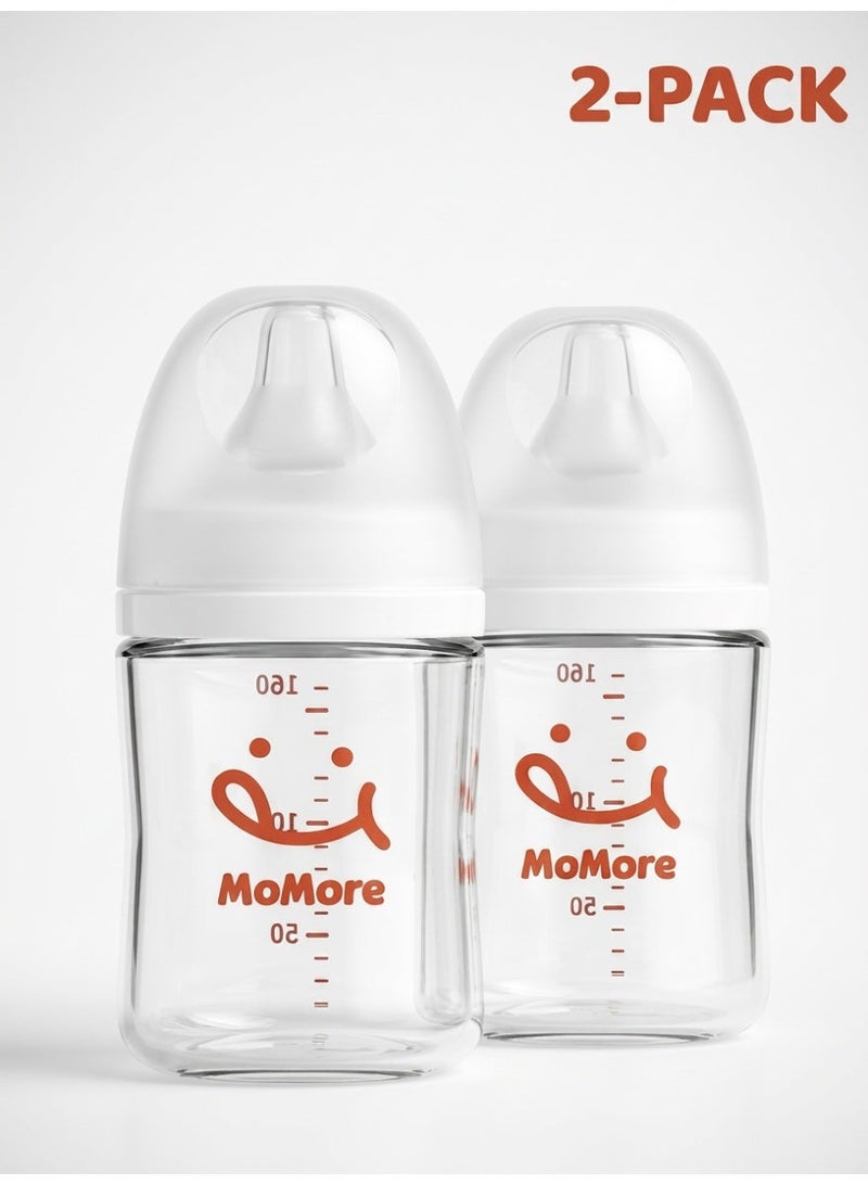 MoMore Glass Baby Feeding Bottles (Pack of 2) 160ml - Anti-Colic Wide Neck with Natural Breast-Like Nipple for Infants 1M+ - BPA Free, Slow Flow, Heat Resistant & Easy to Clean Nursing Set - Image 1