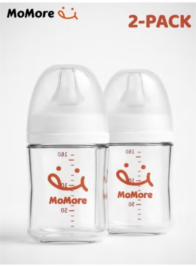 MoMore Glass Baby Feeding Bottles (Pack of 2) 160ml - Anti-Colic Wide Neck with Natural Breast-Like Nipple for Infants 1M+ - BPA Free, Slow Flow, Heat Resistant & Easy to Clean Nursing Set - Image 1