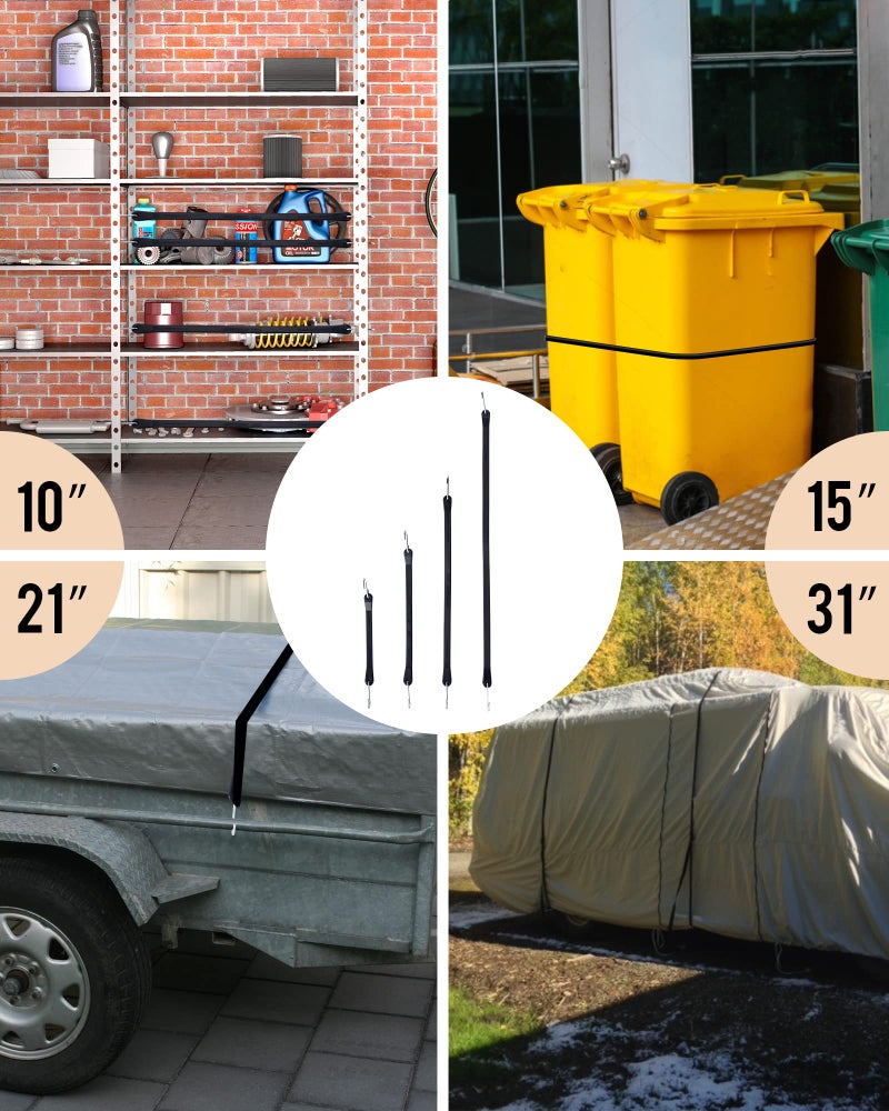 AMAZING STRAPS Rubber Bungee Cords with Hooks, Heavy Duty Bungee Straps, Assorted Sizes with 1.8X Max Stretch & Over 176 lbs Load, Black, 100% EPDM Rubber & S Hooks for Cargo, Tarps, 10", 15", 21", 31" (10 Pack) - Image 3