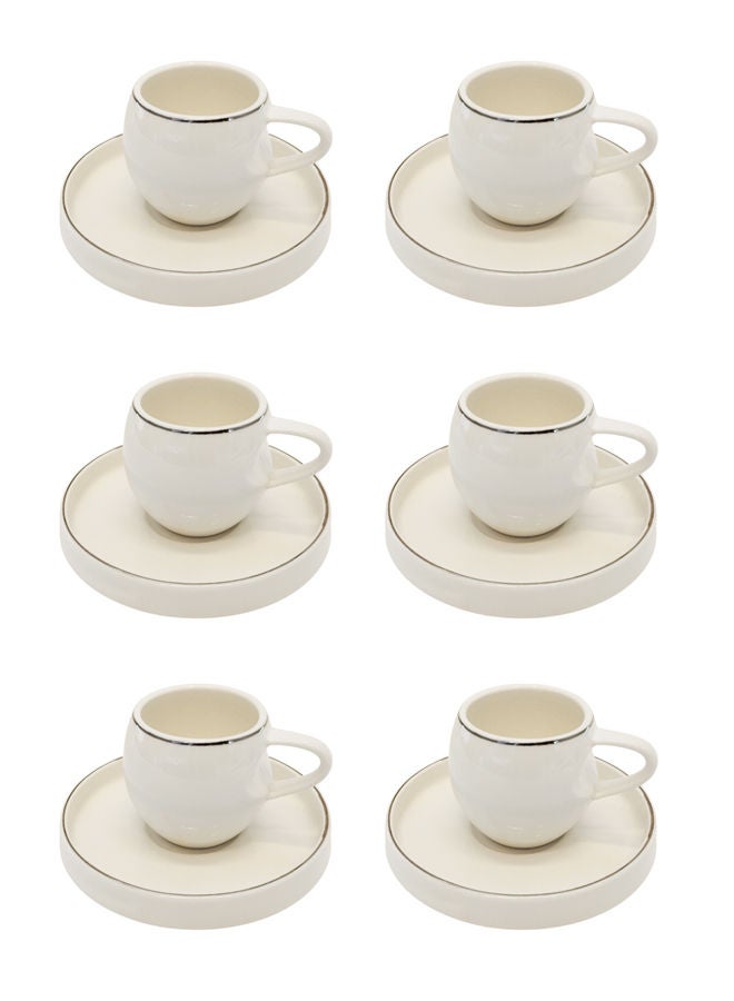 Celia 12-Piece Porcelain Coffee Cup & Saucer Set 85 ML White/Silver, Set for 6 People - Image 1