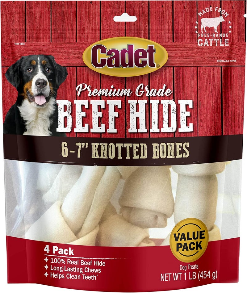 Cadet Premium Grade Beef Hide Dog Chews 67 LongLasting Knotted Rawhide Bones SingleIngredient Natural Flavor 4 Pack - Image 1