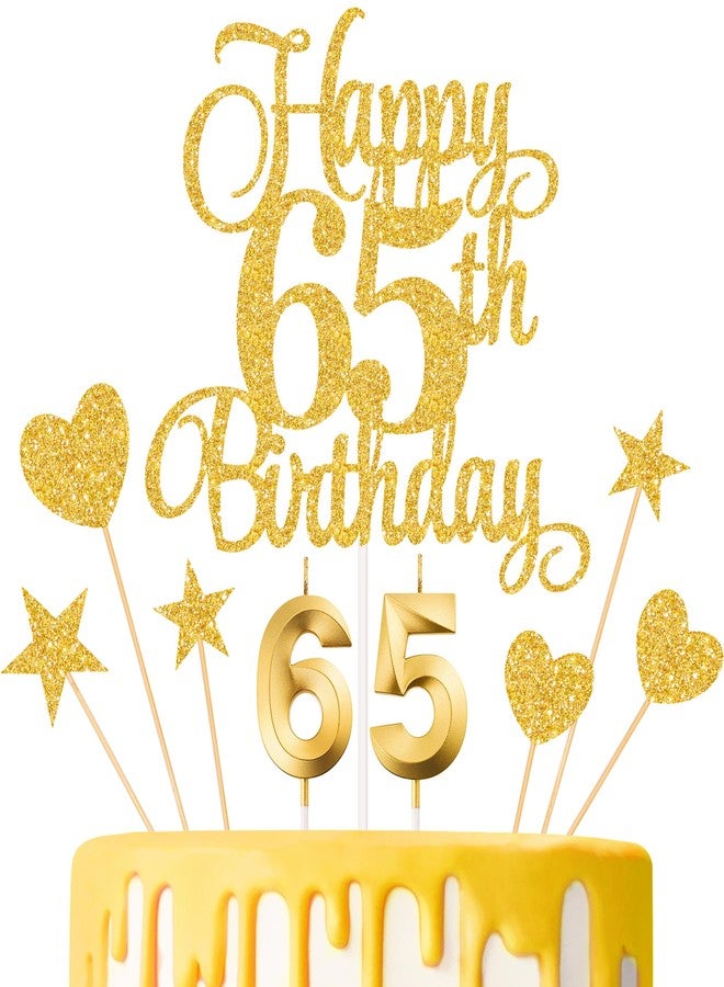 Lecferrarc زينة كعكة عيد الميلاد الـ 65، شموع عيد الميلاد الـ 65، شموع أرقام الكعكة، ومجموعة زينة كعكة عيد الميلاد الـ 65 اللامعة لحفلات أعياد الميلاد (ذهبي) - Image 1