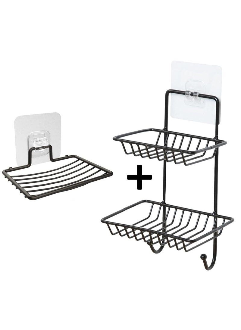 TRYKSHADouble Layer Soap Holder Single Layer Stand for Bathroom Shower Wall Kitchen Sink with Self Adhesive Sticker Storage Rack Hanging Waterproof Dish Box Case Combo
