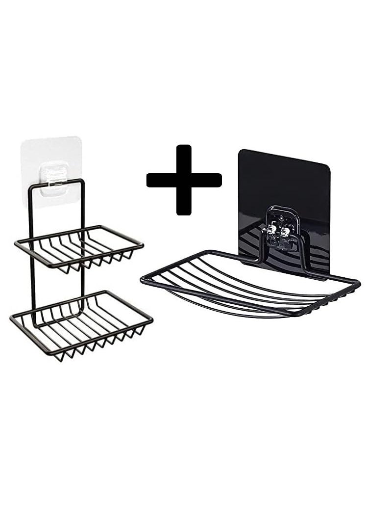 TRYKSHADouble Layer Soap Holder Single Layer Stand for Bathroom Shower Wall Kitchen Sink with Self Adhesive Sticker Storage Rack Hanging Waterproof Dish Box Case Combo