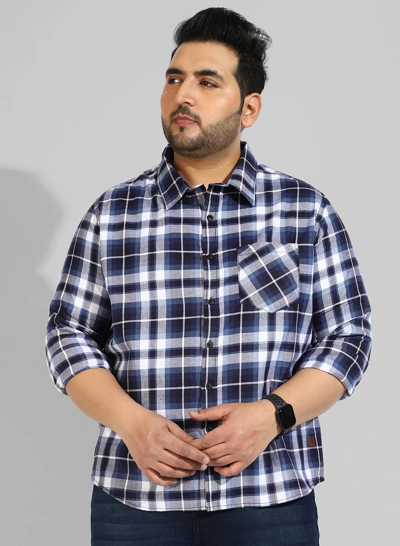 Instafab Plus Men's Navy Blue Checkered Button Up Collared Regular Fit Shirt For Casual Wear | Modern Clothing Shirt Crafted With Regular Sleeve, Comfort Fit & High-Performance For Everyday Wear